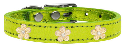 Gold Flower Widget Genuine Metallic Leather Dog Collar Lime Green 10