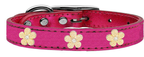 Gold Flower Widget Genuine Metallic Leather Dog Collar Pink 10