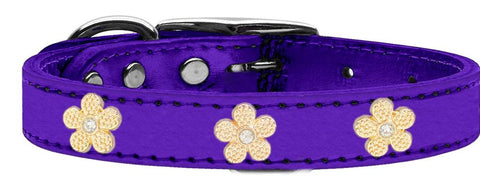 Gold Flower Widget Genuine Metallic Leather Dog Collar Purple 10