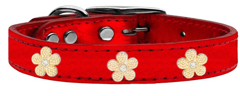 Gold Flower Widget Genuine Metallic Leather Dog Collar Red 10