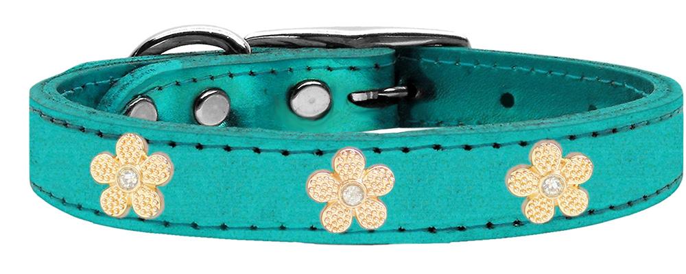 Gold Flower Widget Genuine Metallic Leather Dog Collar Turquoise 10