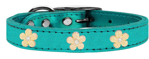 Gold Flower Widget Genuine Metallic Leather Dog Collar Turquoise 12