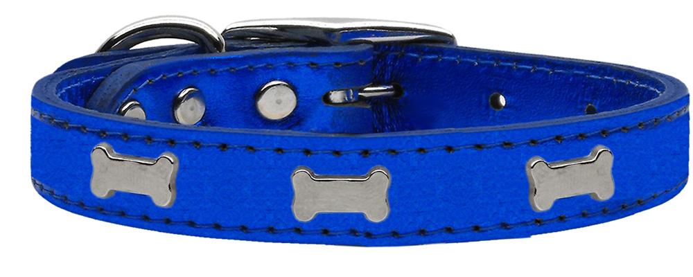 Silver Bone Widget Genuine Metallic Leather Dog Collar Blue 10