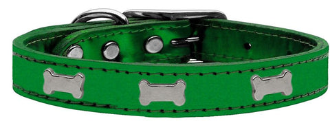 Silver Bone Widget Genuine Metallic Leather Dog Collar Emerald Green 10