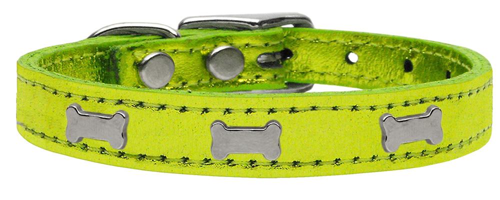 Silver Bone Widget Genuine Metallic Leather Dog Collar Lime Green 10