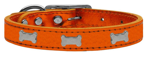 Silver Bone Widget Genuine Metallic Leather Dog Collar Orange 10