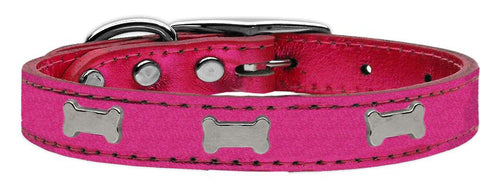 Silver Bone Widget Genuine Metallic Leather Dog Collar Pink 10