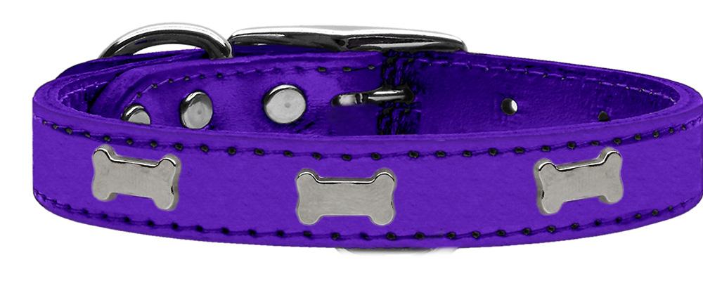 Silver Bone Widget Genuine Metallic Leather Dog Collar Purple 10