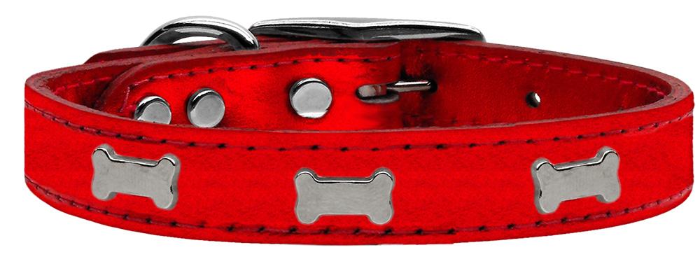 Silver Bone Widget Genuine Metallic Leather Dog Collar Red 10