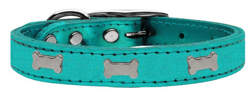 Silver Bone Widget Genuine Metallic Leather Dog Collar Turquoise 12