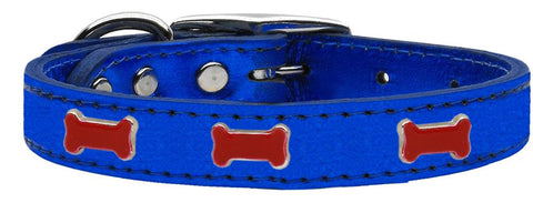 Red Bone Widget Genuine Metallic Leather Dog Collar Blue 10