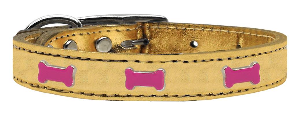 Pink Bone Widget Genuine Metallic Leather Dog Collar Gold 10