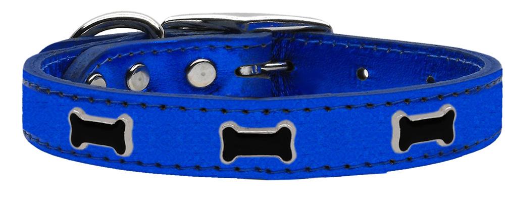 Black Bone Widget Genuine Metallic Leather Dog Collar Blue 12