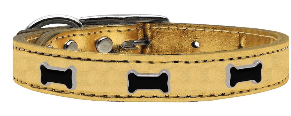 Black Bone Widget Genuine Metallic Leather Dog Collar Gold 12