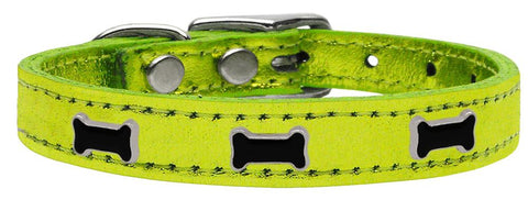 Black Bone Widget Genuine Metallic Leather Dog Collar Lime Green 10