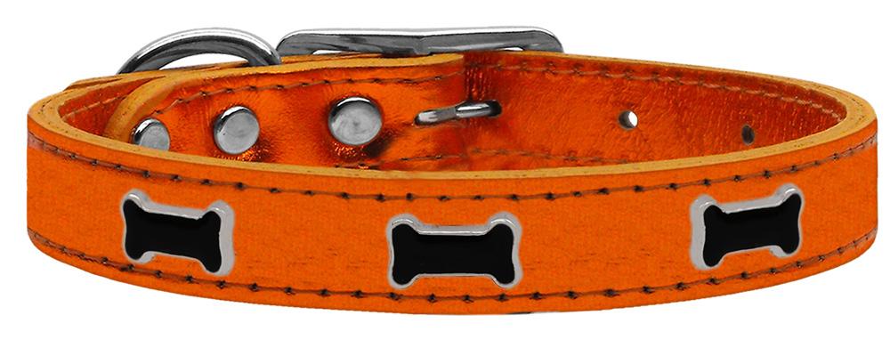 Black Bone Widget Genuine Metallic Leather Dog Collar Orange 10