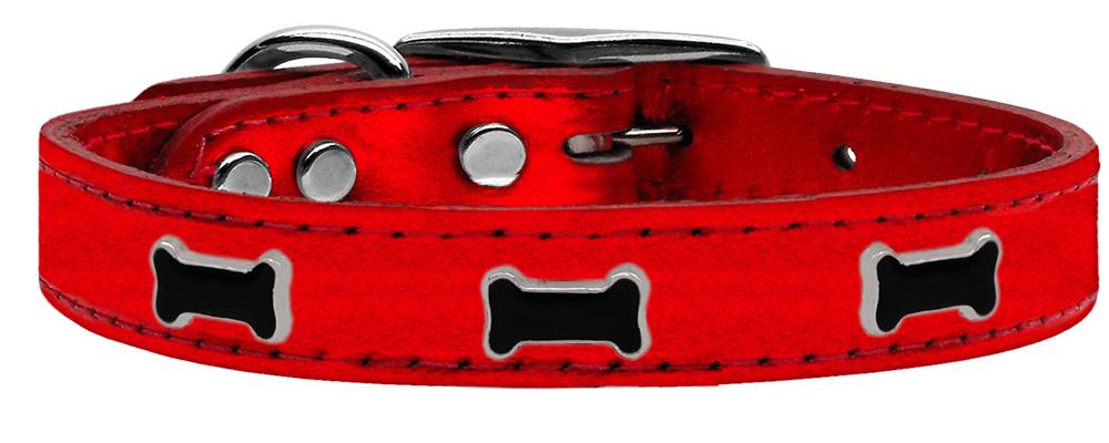 Black Bone Widget Genuine Metallic Leather Dog Collar Red 10