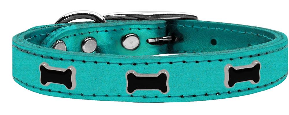 Black Bone Widget Genuine Metallic Leather Dog Collar Turquoise 10