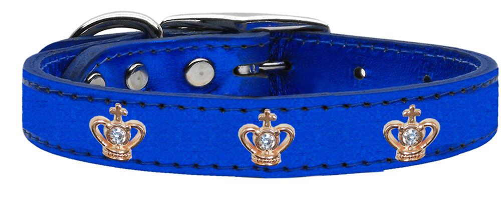 Gold Crown Widget Genuine Metallic Leather Dog Collar Blue 10