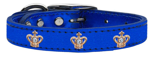 Gold Crown Widget Genuine Metallic Leather Dog Collar Blue 10