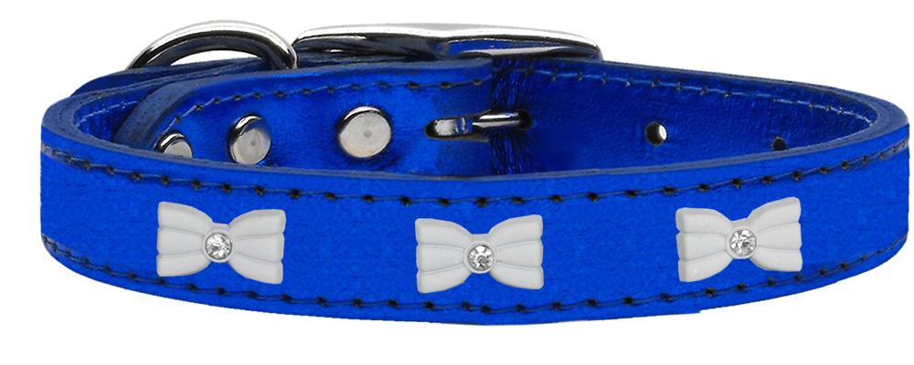 White Bow Widget Genuine Metallic Leather Dog Collar Blue 10