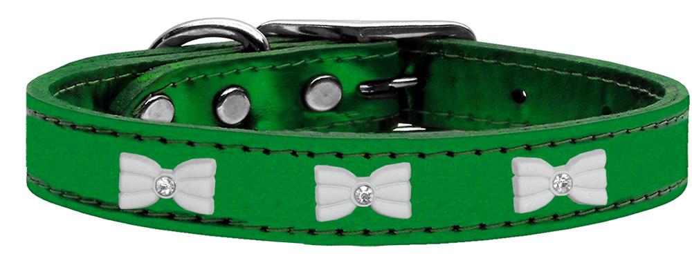 White Bow Widget Genuine Metallic Leather Dog Collar Emerald Green 10