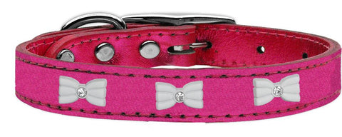 White Bow Widget Genuine Metallic Leather Dog Collar Pink 18