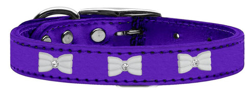 White Bow Widget Genuine Metallic Leather Dog Collar Purple 10