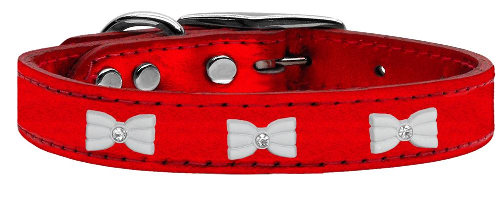 White Bow Widget Genuine Metallic Leather Dog Collar Red 10