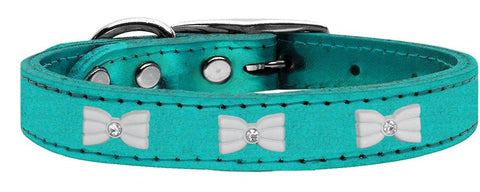 White Bow Widget Genuine Metallic Leather Dog Collar Turquoise 10