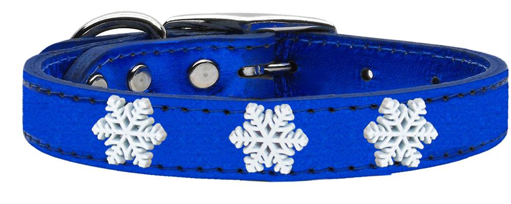 Snowflake Widget Genuine Metallic Leather Dog Collar Blue 10