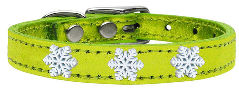 Snowflake Widget Genuine Metallic Leather Dog Collar Lime Green 16