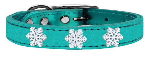 Snowflake Widget Genuine Metallic Leather Dog Collar Turquoise 10