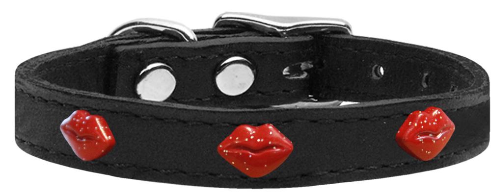 Red Glitter Lips Widget Genuine Leather Dog Collar Black 10