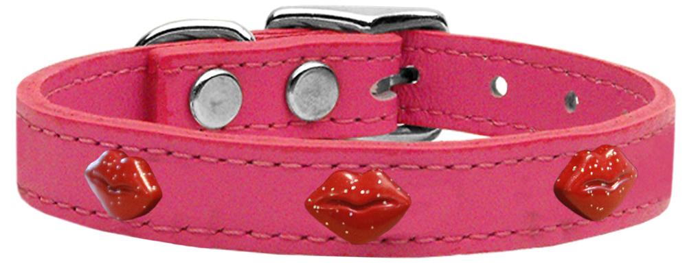 Red Glitter Lips Widget Genuine Leather Dog Collar Pink 10