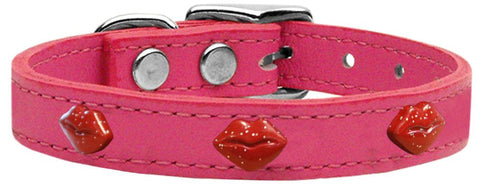 Red Glitter Lips Widget Genuine Leather Dog Collar Pink 12