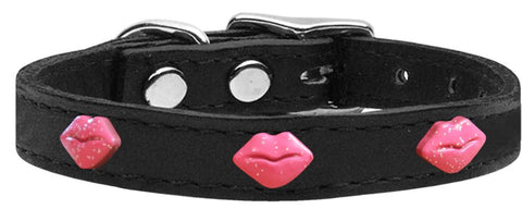 Pink Glitter Lips Widget Genuine Leather Dog Collar Black 10