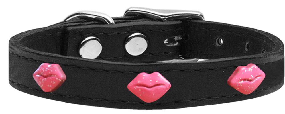 Pink Glitter Lips Widget Genuine Leather Dog Collar Black 12