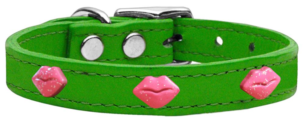 Pink Glitter Lips Widget Genuine Leather Dog Collar Emerald Green 10