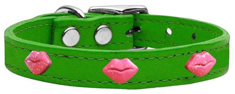 Pink Glitter Lips Widget Genuine Leather Dog Collar Emerald Green 12