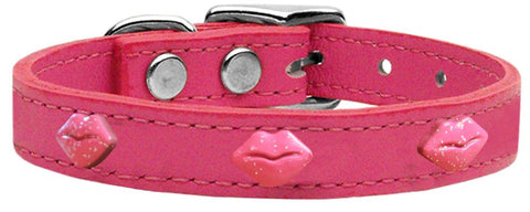 Pink Glitter Lips Widget Genuine Leather Dog Collar Pink 10