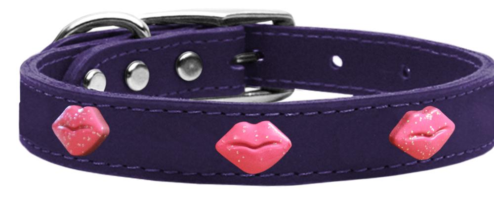 Pink Glitter Lips Widget Genuine Leather Dog Collar Purple 10