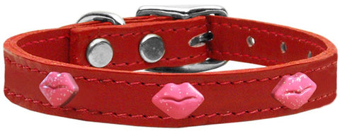 Pink Glitter Lips Widget Genuine Leather Dog Collar Red 10