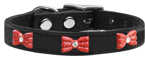 Red Glitter Bow Widget Genuine Leather Dog Collar Black 10