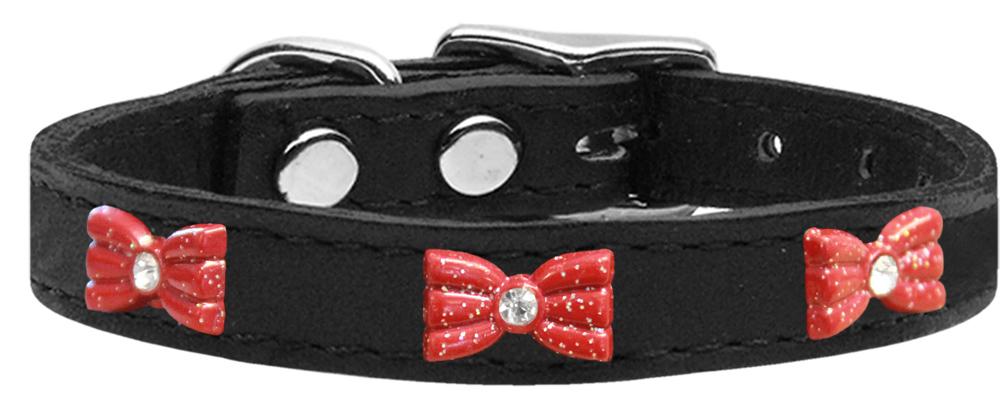 Red Glitter Bow Widget Genuine Leather Dog Collar Black 16