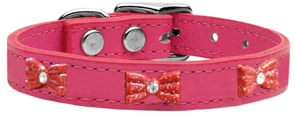 Red Glitter Bow Widget Genuine Leather Dog Collar Pink 10