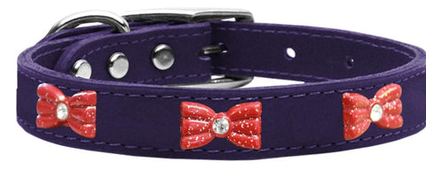 Red Glitter Bow Widget Genuine Leather Dog Collar Purple 10