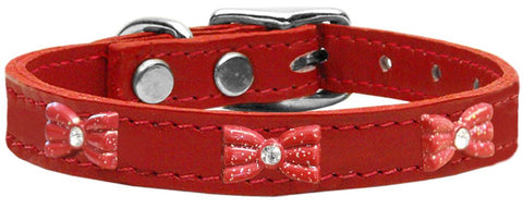 Red Glitter Bow Widget Genuine Leather Dog Collar Red 10