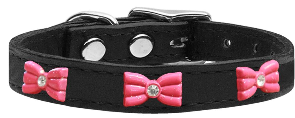 Pink Glitter Bow Widget Genuine Leather Dog Collar Black 10