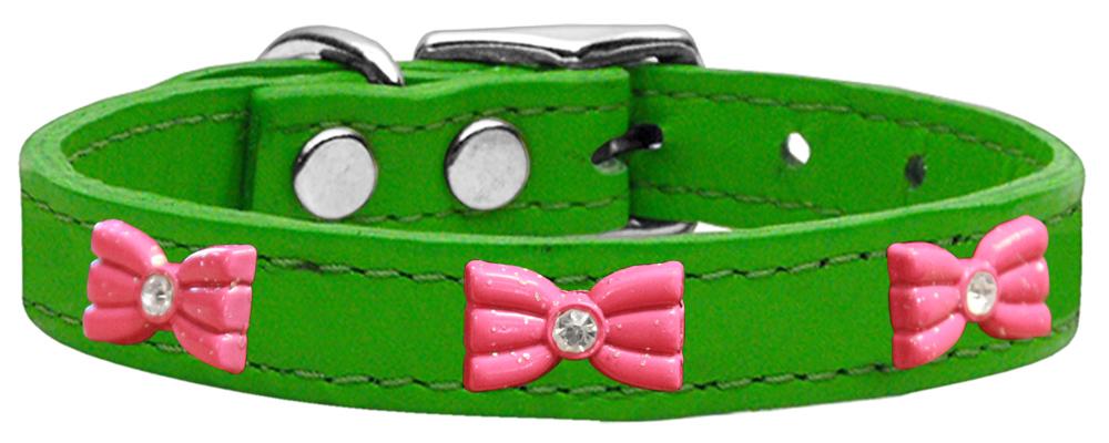 Pink Glitter Bow Widget Genuine Leather Dog Collar Emerald Green 12